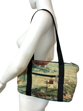 Tapestry Fabric Handbag Seaside Lighthouse Sailboats Seagulls Fine Needlepoint
